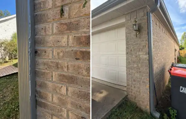 Before and after of a downspout on brick, a dented downspout on the left and the replaced downspout on the right