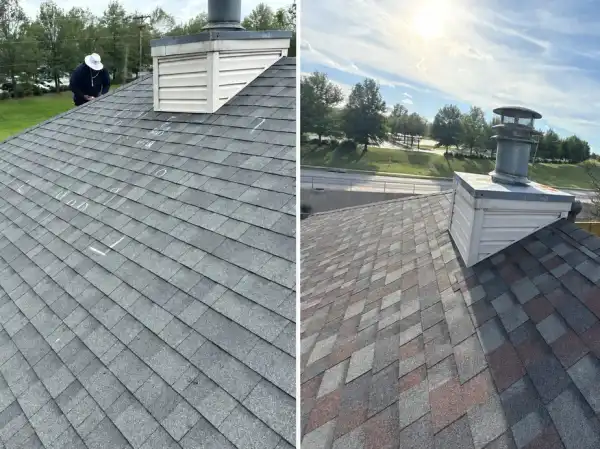 Before and after of a chimney cap and roof, weathered grey shingles on the left and new shingles on the right